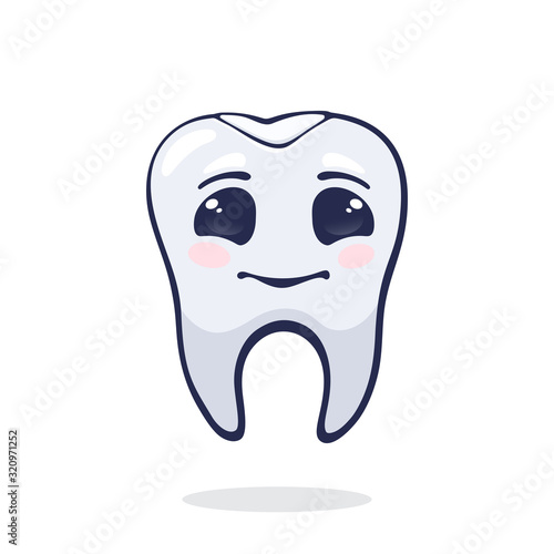 Vector illustration. Cute cured human tooth with happy eyes and dental filling. Dental restoration from caries. Symbol of somatology and oral hygiene. Graphic with contour. Isolated white background