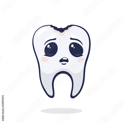 Vector illustration. Cute unhealthy human tooth with sad eyes and caries. Dental decay. Symbol of somatology and oral hygiene. Graphic design with contour. Isolated on white background