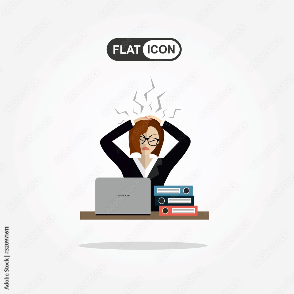 Stress at work concept flat illustration. Stressed out women in suit with glasses, in office at the desk 