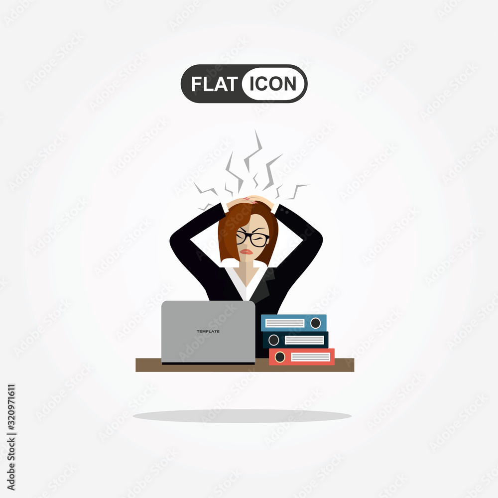 Stress at work concept flat illustration. Stressed out women in suit with glasses, in office at the desk Stress at work concept flat illustration. Stressed out women in suit with glasses, in office at the desk