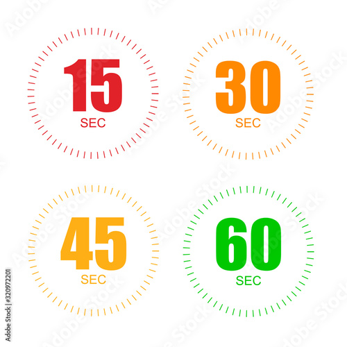 Set of timers for 15, 30, 45, 60 seconds. stopwatch icon countdown time digital stop chronometer.