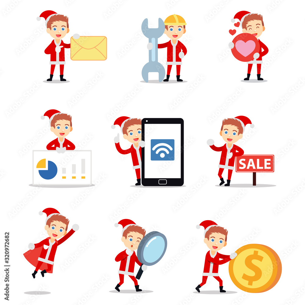 Set of character male Santa Claus brings gifts. Set of character male Santa Claus brings gifts.