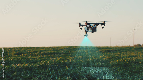 Flying Smart Agriculture Drone. Artificial Intelligence. Drone Scan Agriculture Farm. Agriculture Innovation. Farming Field Industry. Analyze the Field. Professional Vehicle Aircraft.