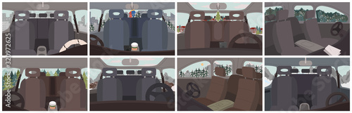 Collection of car interior, set of vehicles inside views. Empty automobile with mittens or pine tree toy hanging by mirrors. Trips and journey by auto. Winter landscapes scenery vector. Auto vehicle