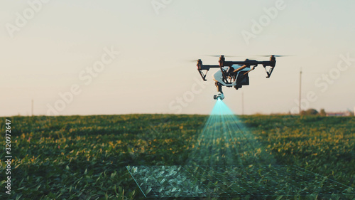 Flying Smart Agriculture Drone. Artificial Intelligence. Drone Scan Agriculture Farm. Agriculture Innovation. Farming Field Industry. Analyze the Field. Professional Vehicle Aircraft.