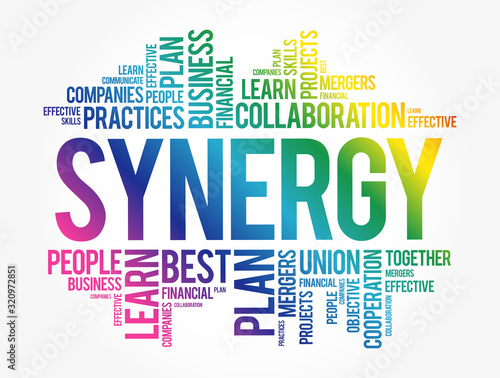 Synergy word cloud collage, business concept background
