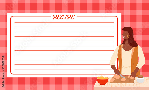 Cookbook page for recipe ideas writing down. Female character cooking dishes. Copy space for making own notes. Girl preparing breakfast or lunch, cutting bread on wooden board. Vector in flat