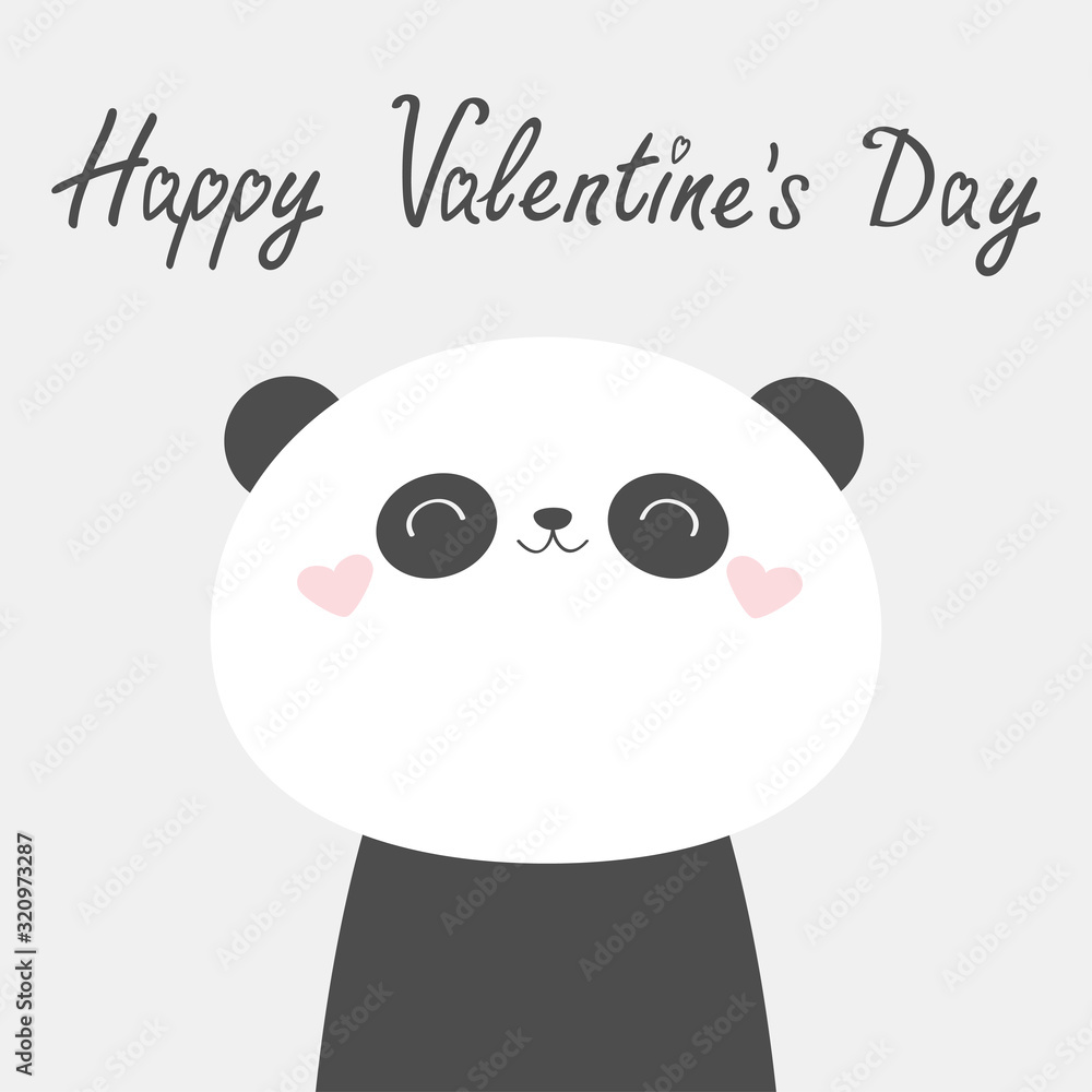 Plakat Happy Valentines Day. Panda bear face head icon. Black and white. Kawaii animal. Cute cartoon funny baby character. Kids print. Love Greeting card. Flat design. Scandinavian style. Gray background.