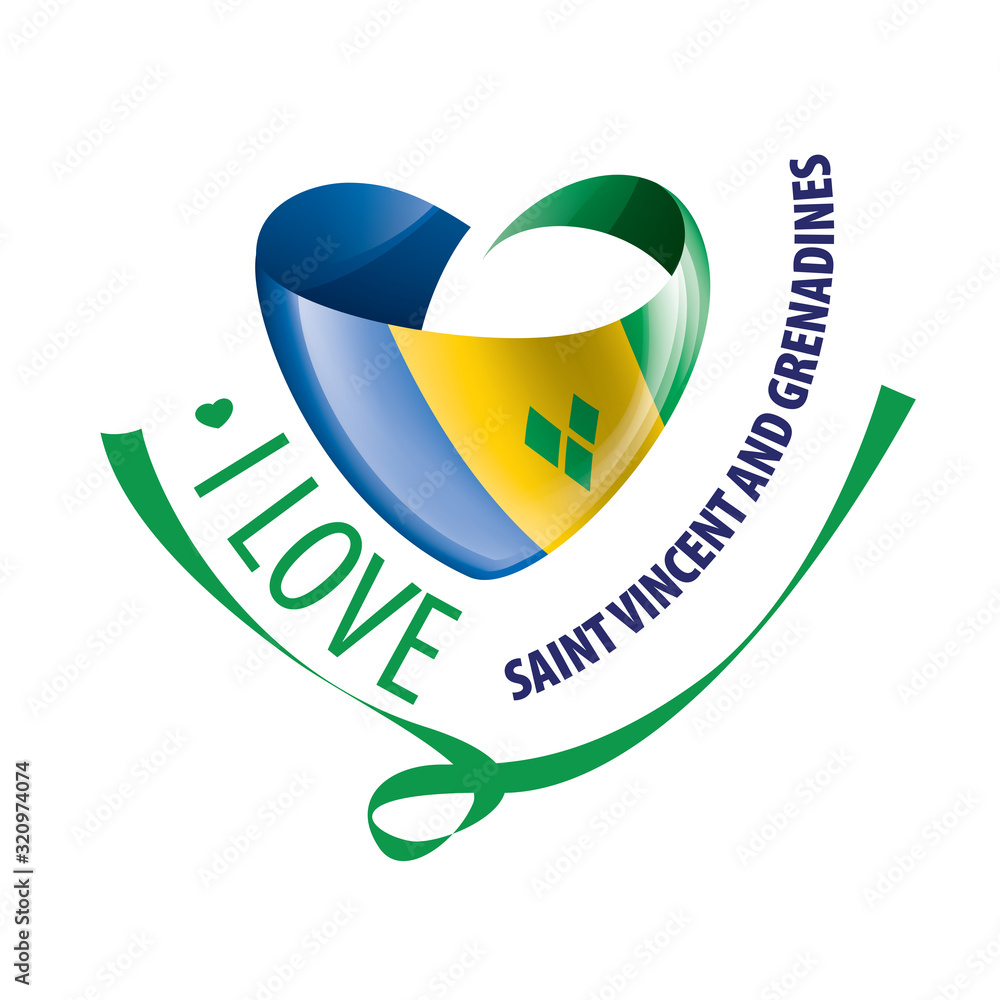 National flag of the Saint Vincent and the Grenadines in the shape of a heart and the inscription I love Saint Vincent and the Grenadines. Vector illustration National flag of the Saint Vincent and the Grenadines in the shape of a heart and the inscription I love Saint Vincent and the Grenadines. Vector illustration
