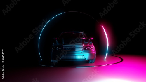 Car with neon light circle frames