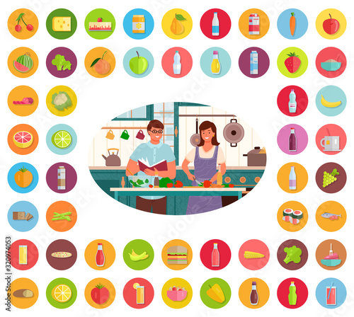 Man and woman cooking vegetables with recipe in kitchen. Round stickers fruit, vegetable and drink isolated on white. Icon of people preparing meal at home, label of burger and sweet symbol vector