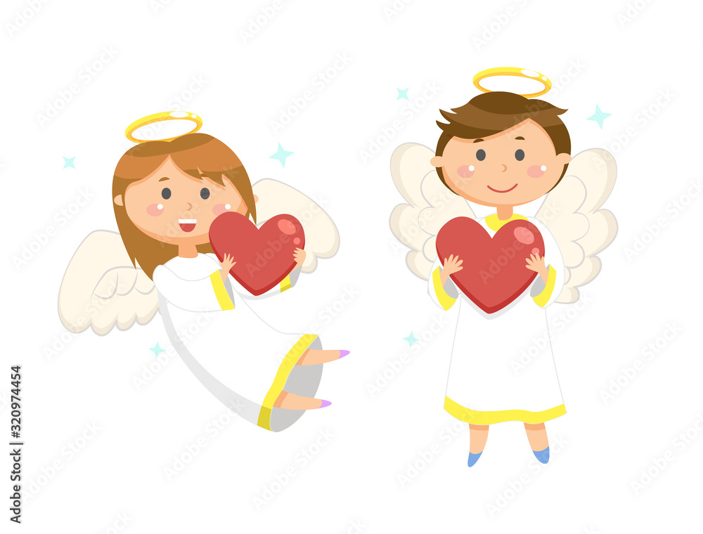 Smiling girl and boy holding heart-shaped balls. Holiday card decorated by angels on white, portrait view of woman and man with wings and nimbus vector Smiling girl and boy holding heart-shaped balls. Holiday card decorated by angels on white, portrait view of woman and man with wings and nimbus vector