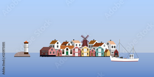 Fishing island with wind mill in the Swedish west coast archipelago, 