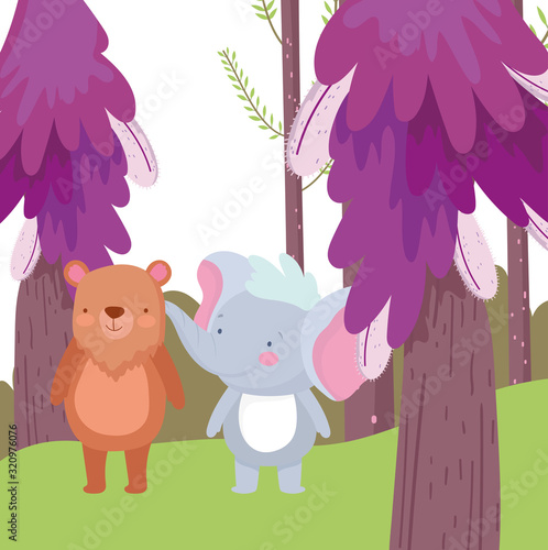 Fototapeta Naklejka Na Ścianę i Meble -  little elephant and bear cartoon character forest foliage nature landscape