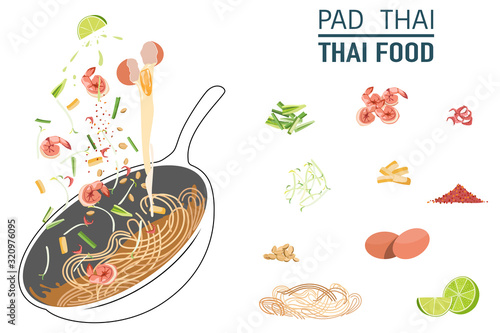 Pad Thai Noodles most popular thai food cooking on pan with ingredient vector