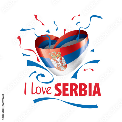 National flag of the Serbia in the shape of a heart and the inscription I love Serbia. Vector illustration