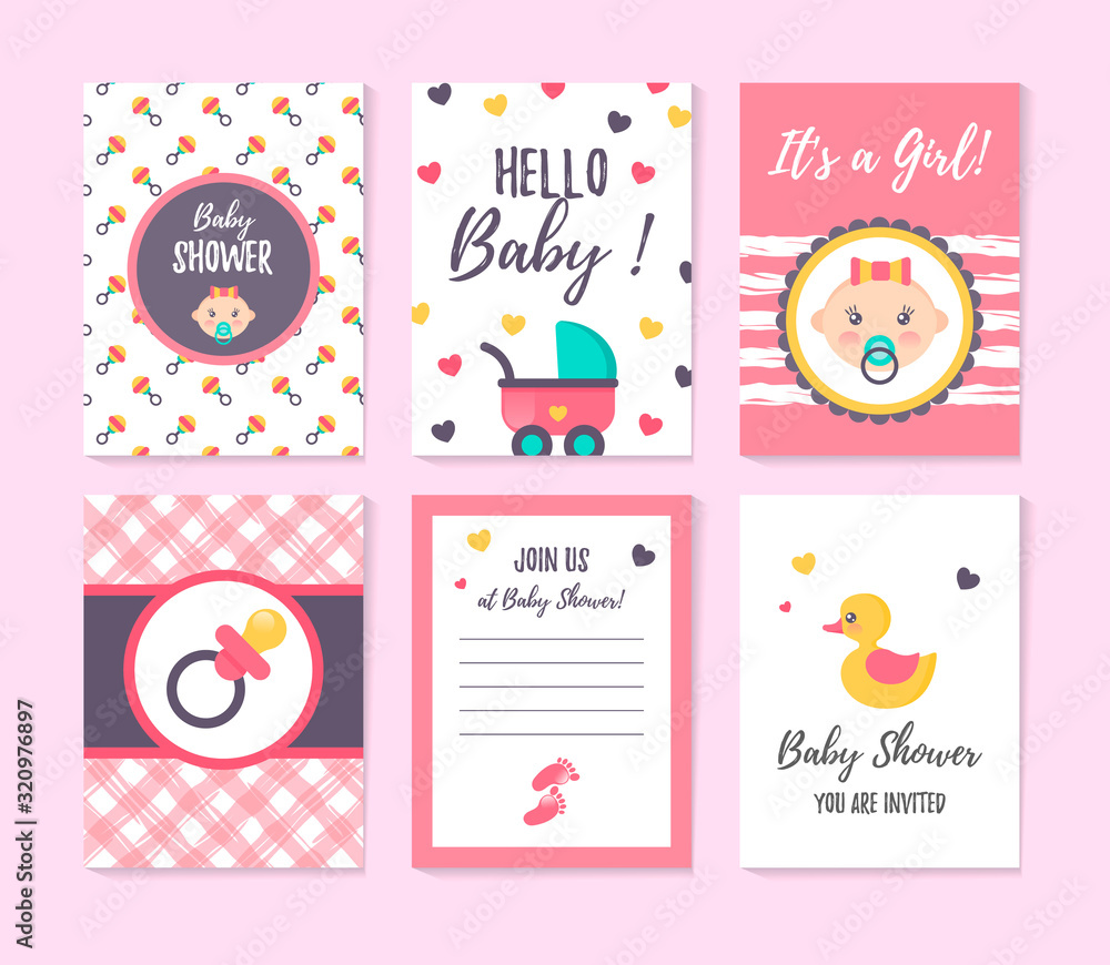 Set of vertical greeting cards and invitation for girl baby shower. It’s a girl. Place for text