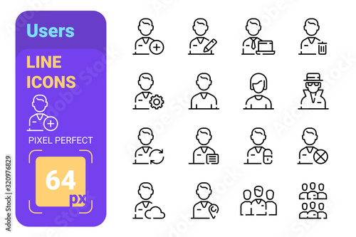 Man and woman users avatars line icons set
