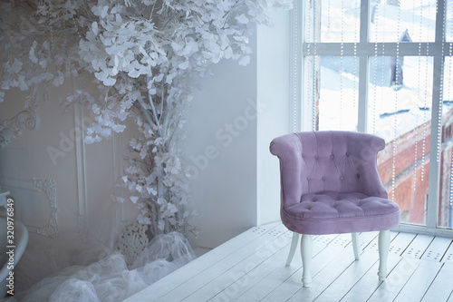 Wallpaper Mural Purple chair, sanded fabric. Light interior, windows to the floor. A gentle and light room. Torontodigital.ca