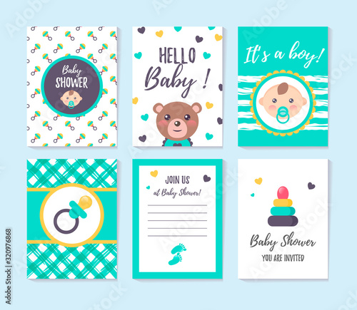 Set of vertical greeting cards and invitation for boy baby shower. It’s a boy. Place for text