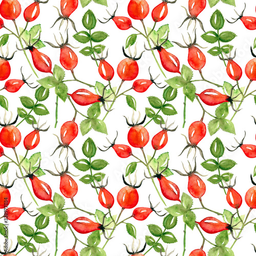 Seamless watercolor pattern with rose hip berries and leaves. Bright red wild rose hip berries texture. Berries wallpapper for  printing. Wild rose background.