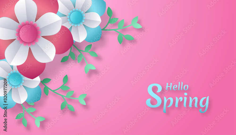 Hello Spring landscape with flower and leaves paper cut art style in pink background. perfect for invitation, greeting, celebration card