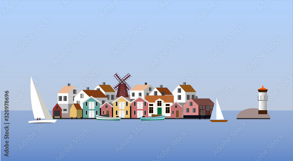 Fishing island with wind mill in the Swedish west coast archipelago, vector illustration. Fishing island with wind mill in the Swedish west coast archipelago, vector illustration.