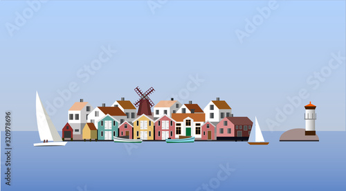 Fishing island with wind mill in the Swedish west coast archipelago, vector illustration.