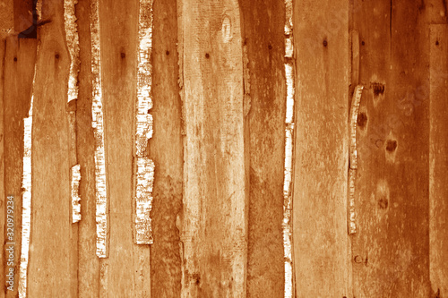 Wall made of uncutted weathered wood boards in orange tone. photo