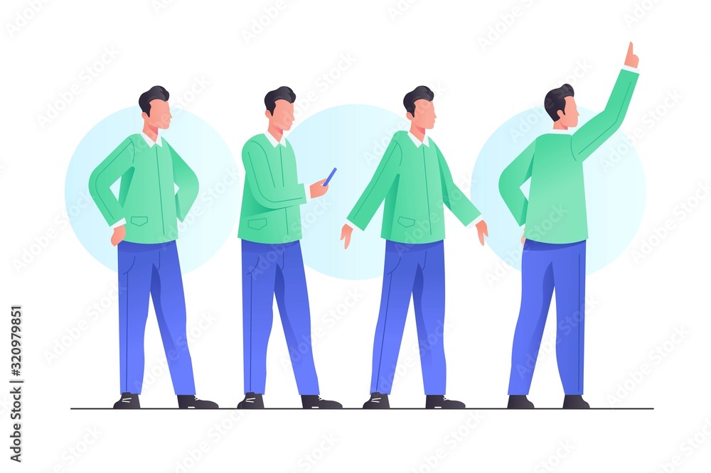 Set handsome man character poses in modern style clothes. Set handsome man character poses in modern style clothes.