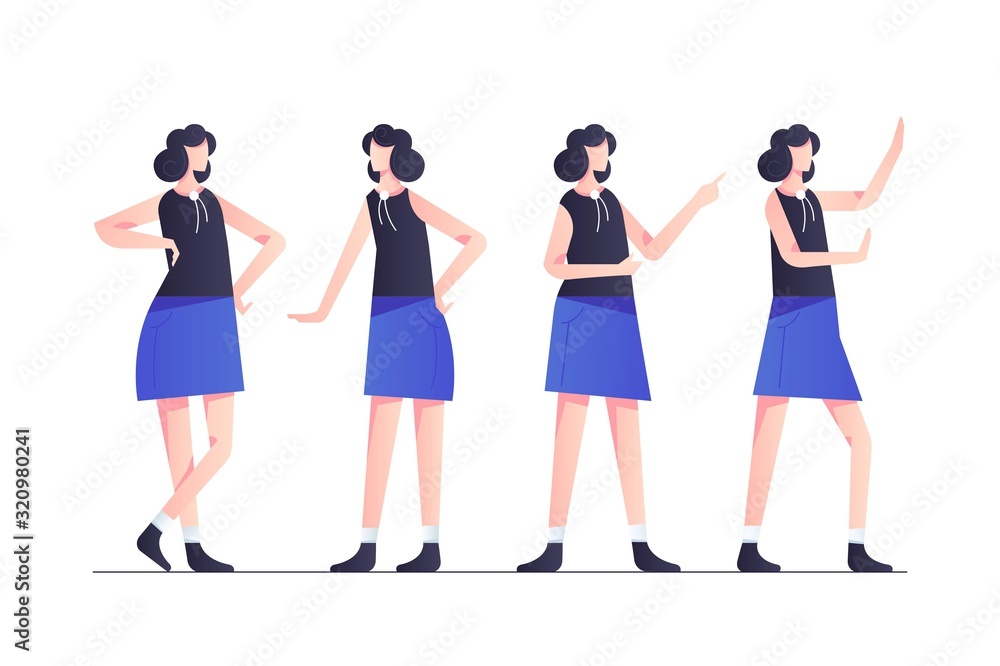 Set woman character poses in blue modern style clothes. Set woman character poses in blue modern style clothes.