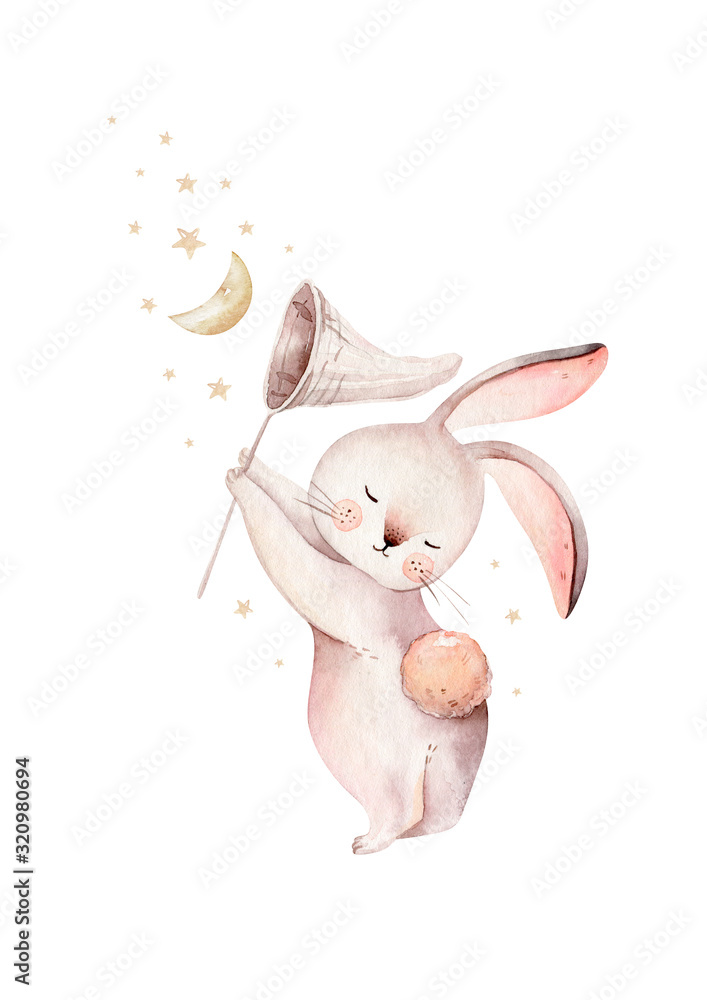Fototapeta Cute baby rabbit animal dream illustration comet with gold stars in night sky, forest bunny illustration for children clothing. Nursery Wallpaper poster Woodland watercolor Hand drawn design poster