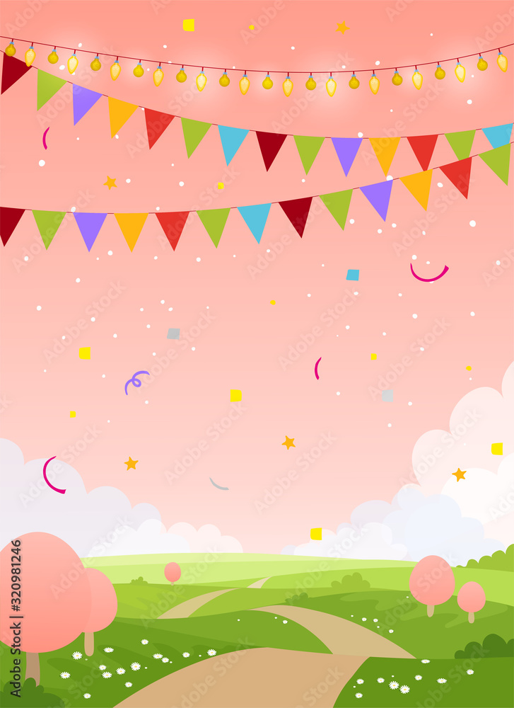 Spring holiday card background with copy space. Fairytale country with pink  sky, trees and flags. Blank for birthday, invitation, children's party.  Flat cartoon vector illustration. Stock Vector | Adobe Stock