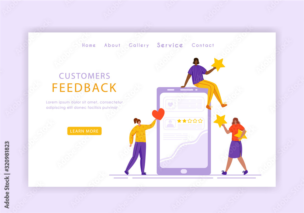 Client feedback concept landing page template, miniature tiny girls and ...