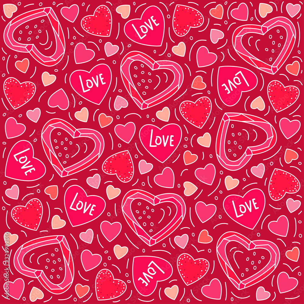 Vector illustration in doodle style. Pink heart pattern on a red background. For congratulations, for postcards, for printing, for a loved one. Vector illustration in doodle style. Pink heart pattern on a red background. For congratulations, for postcards, for printing, for a loved one.