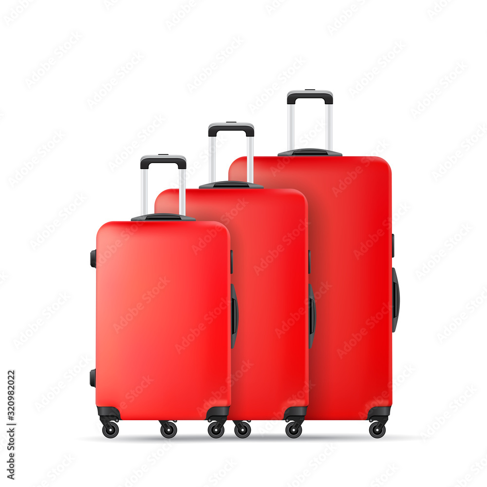 Red travel plastic suitcase with wheels realistic hand Luggage Red travel plastic suitcase with wheels realistic hand Luggage