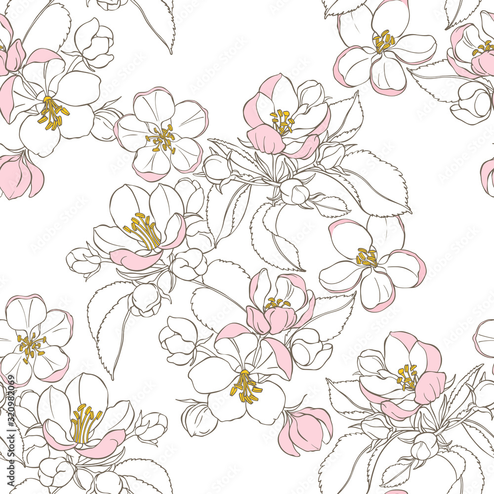 Seamless pattern with blooming apple tree branches on white. Floral vector background.