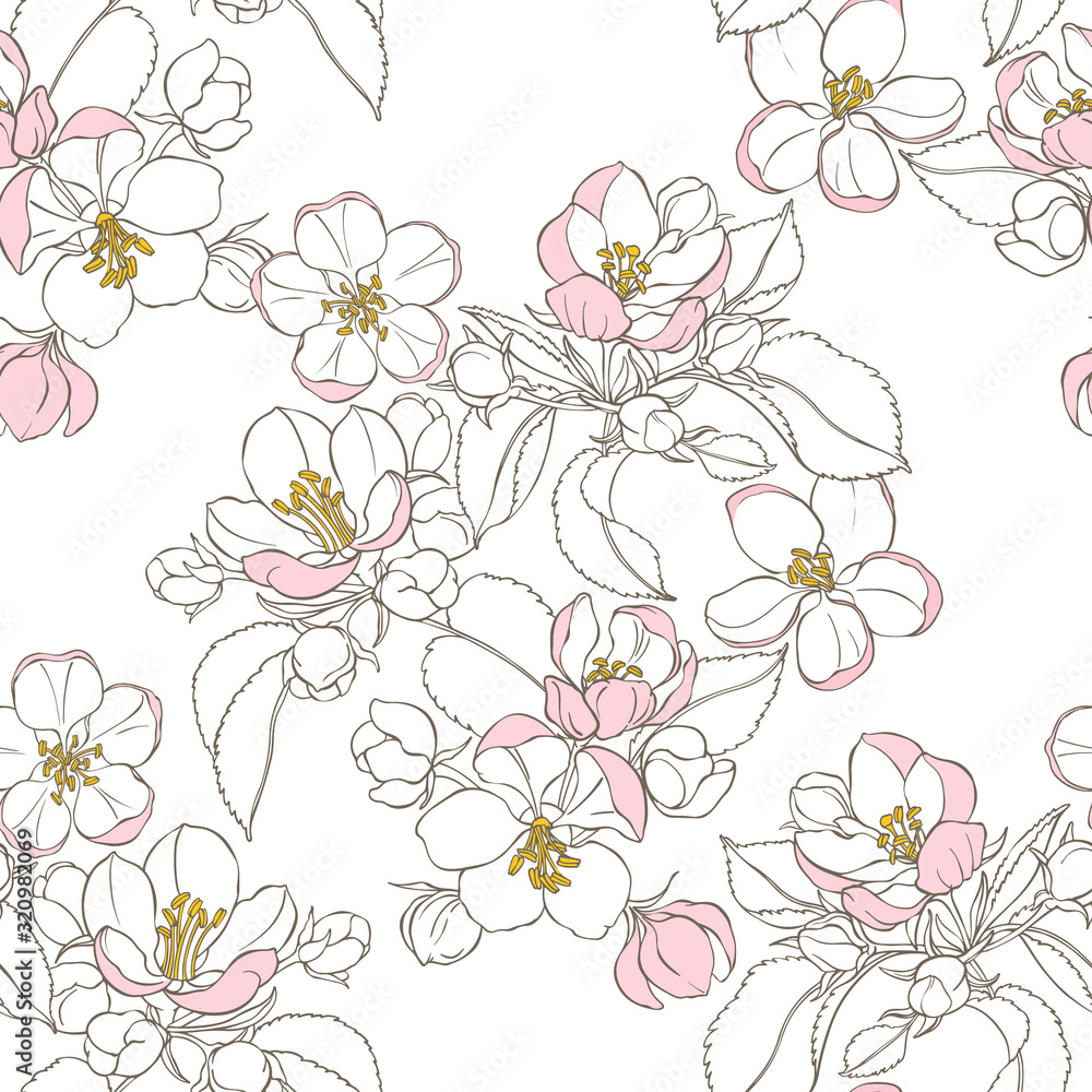 Seamless pattern with blooming apple tree branches on white. Floral vector background. Seamless pattern with blooming apple tree branches on white. Floral vector background.