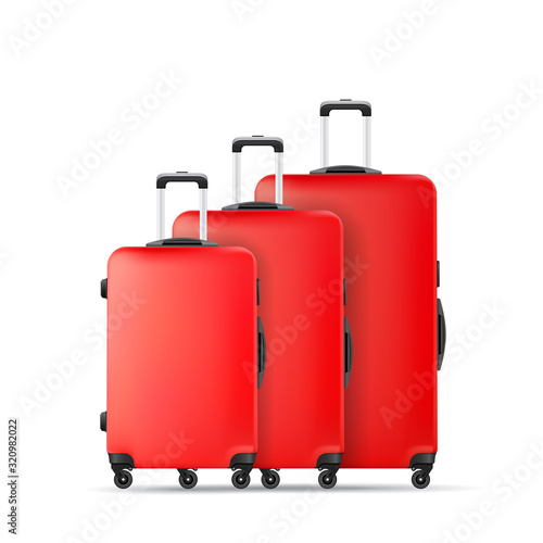 Red travel plastic suitcase with wheels realistic hand Luggage