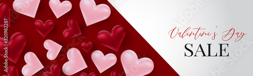 Valentine's Day sale banner design. Romantic love 3d hears decoration. Design concept for website header or newsletters. Vector illustration.