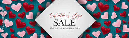Valentine's Day sale banner design. Romantic love 3d hears decoration on blue background. Design concept for website header or newsletters. Vector illustration.