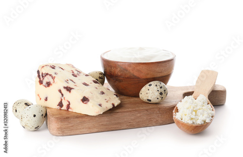 Different dairy products on white background