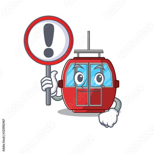 cute mascot character style of ropeway raised up a sign