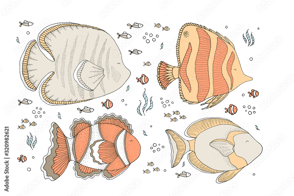 Drawing - funny fishes and hand drawn elements Drawing - funny fishes and hand drawn elements