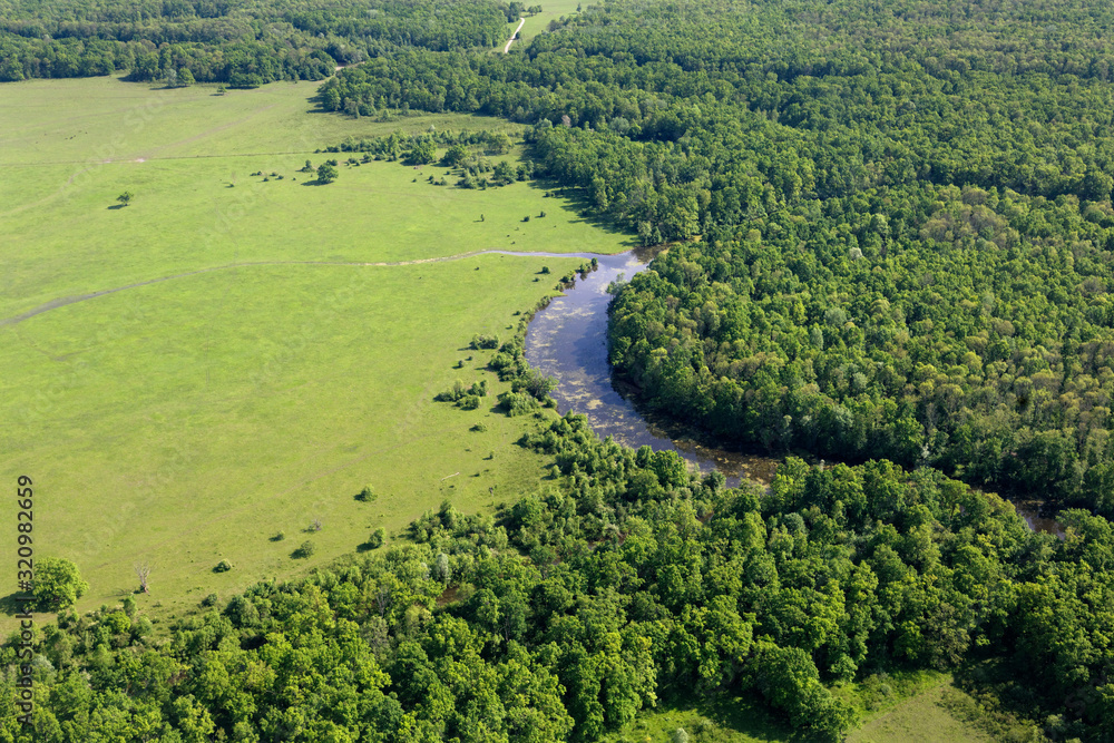 Aerial view of the floodplain and pastures of the Odra River, Croatia