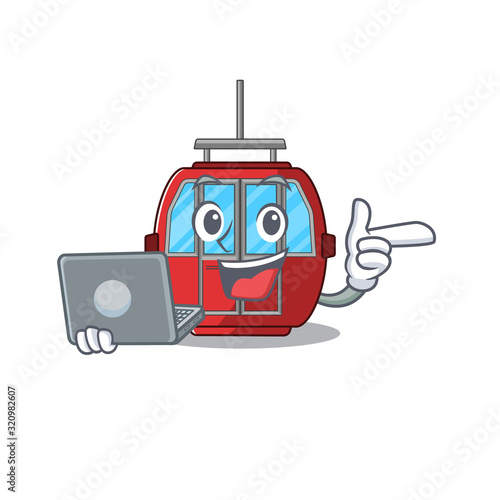 Cool character of ropeway working with laptop