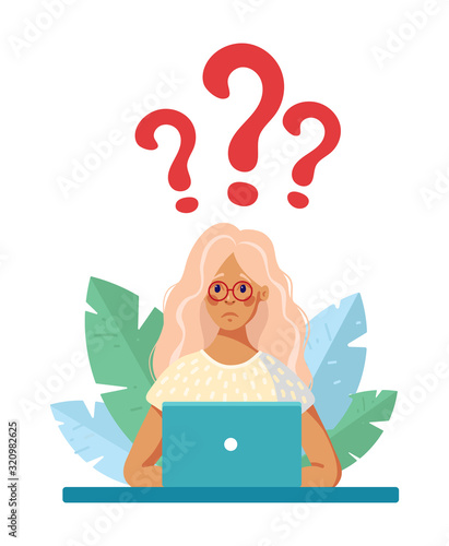 Sad girl is working on a computer. The concept of fatigue, disappointment, problems at work, questions in study. Female character and question marks. Simple vector illustration.