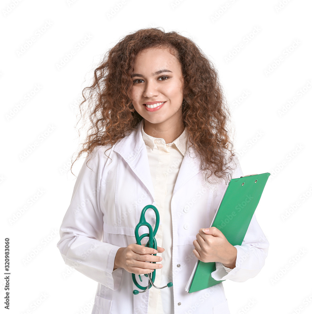 Young African-American doctor on white background Young African-American doctor on white background