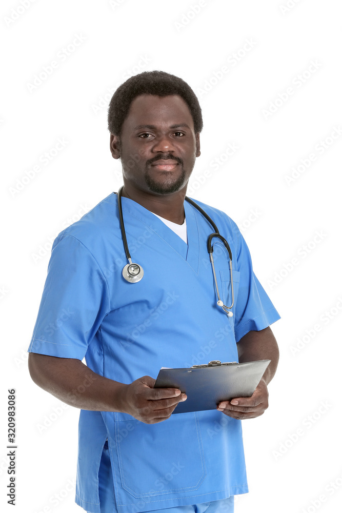 Male African-American nurse on white background
