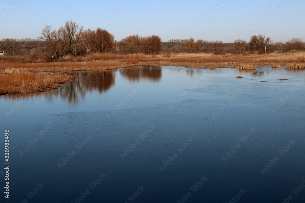 Beautiful view of the lake, sky, reeds. Reflection of trees in the water. Beautiful view of the lake, sky, reeds. Reflection of trees in the water.